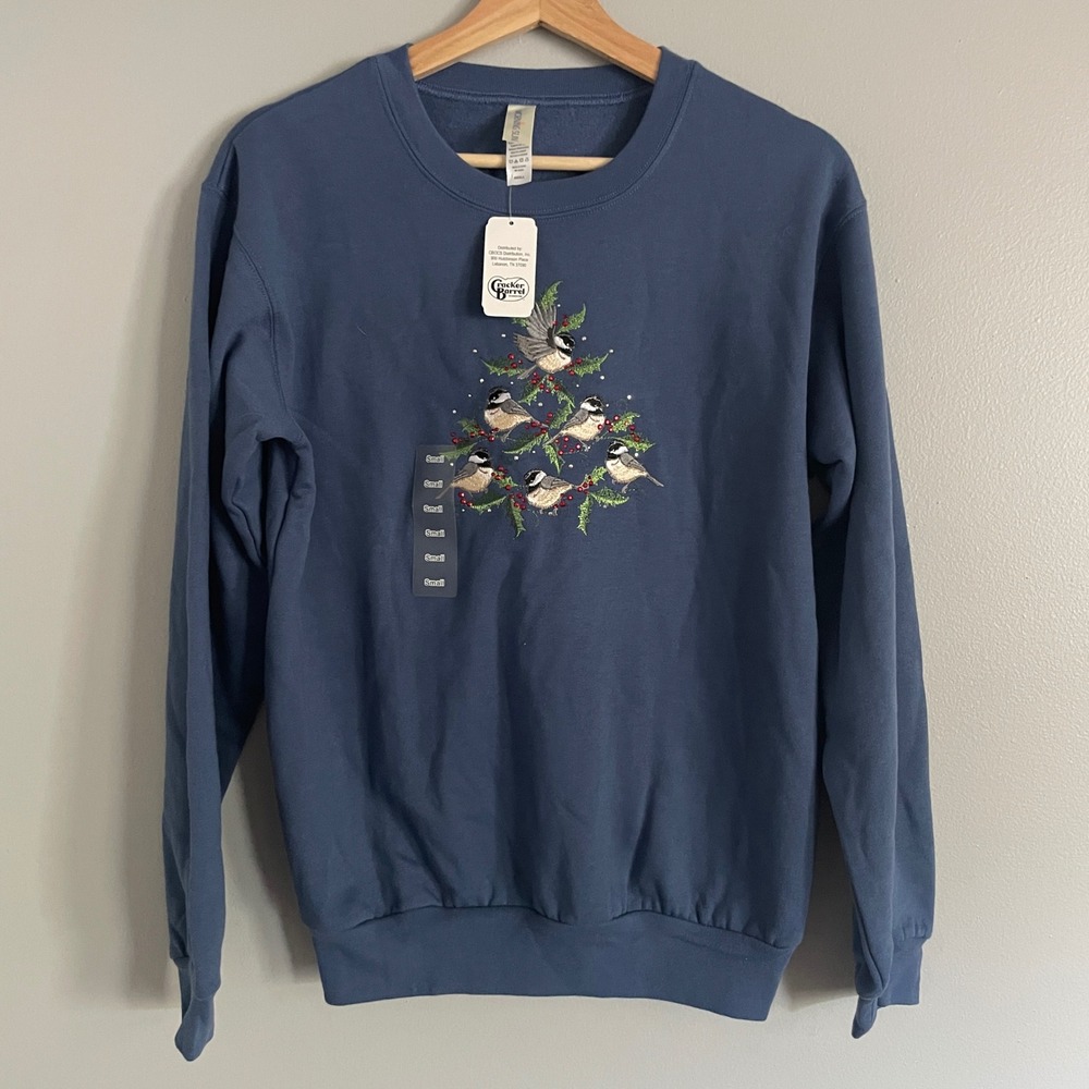 Morning Sun Sweatshirt Womens Small Blue Chickadee Tree Embroidered Holiday Cozy